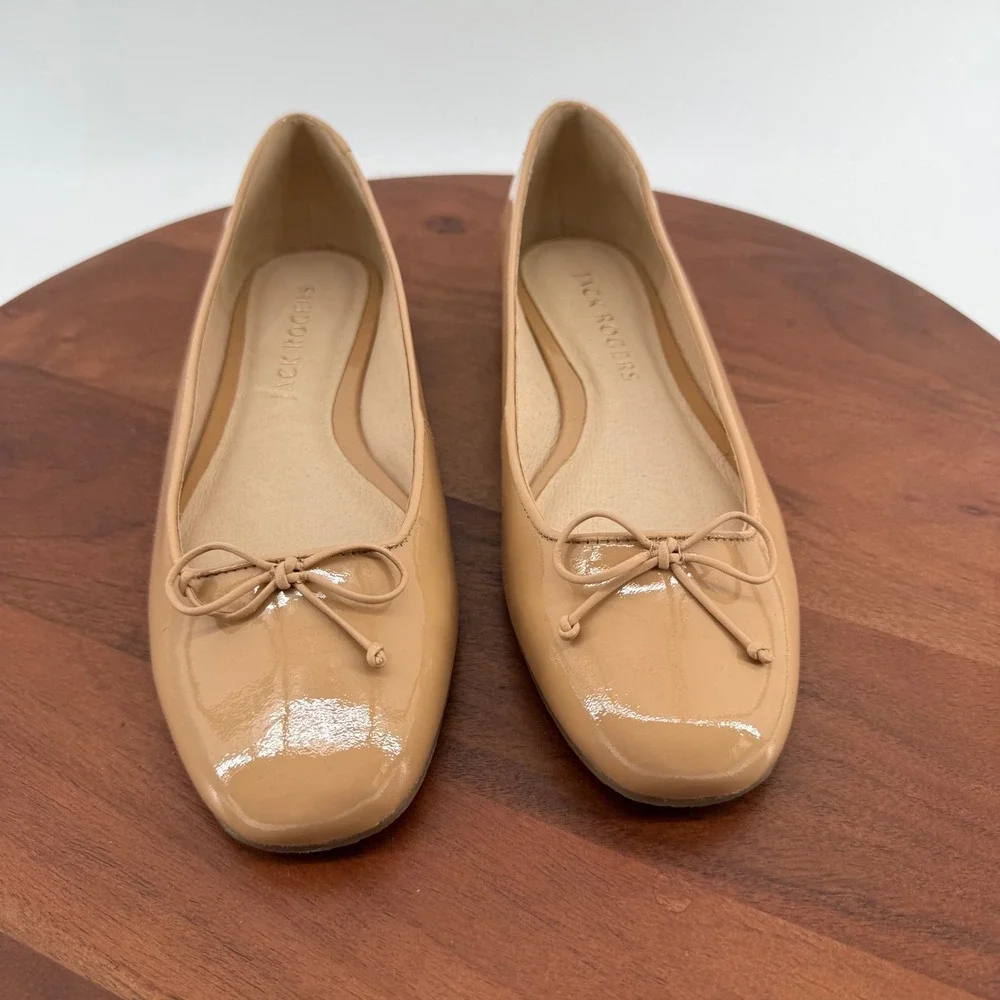 Jack Rogers Womens 9M Nude Patent Leather Square Toe Ballet Flats Bow Accent